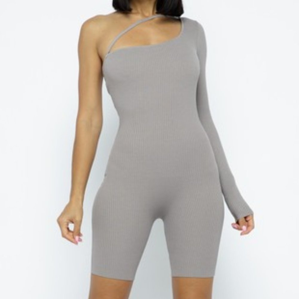One Shoulder LongSleeve Stretch Ribbed Romper Gray